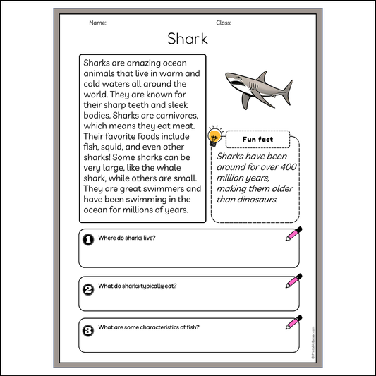 Shark | Reading Passage Comprehension Questions Writing Facts Worksheet