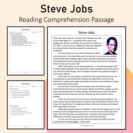 Steve Jobs | Reading Comprehension Passage Printable Activity