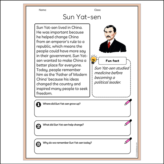 Sun Yat-sen | Reading Passage Comprehension Questions Writing Facts Worksheet