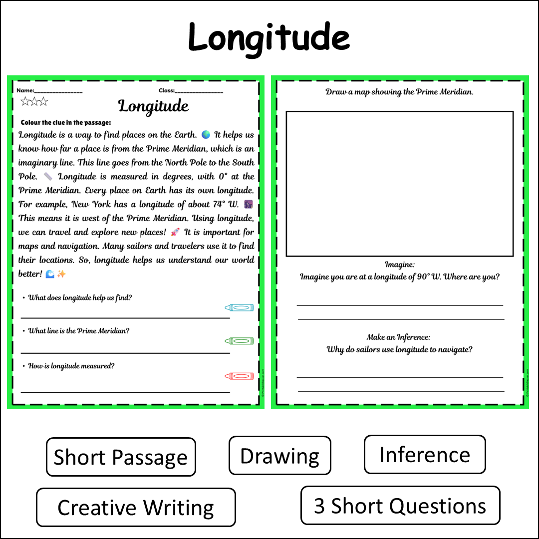 Longitude | Short Reading Comprehension Creative Worksheet
