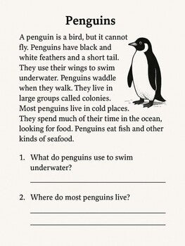 Penguins – Reading Comprehension Worksheet for Kids