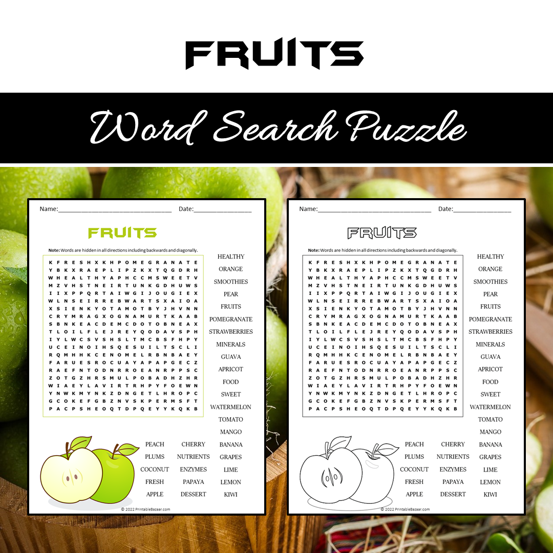 Fruits Word Search Puzzle Worksheet PDF