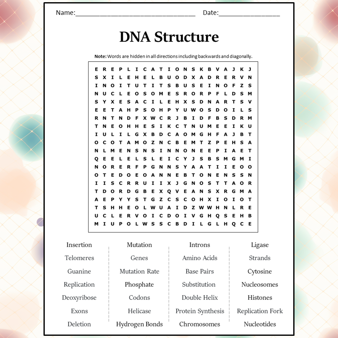 Dna Structure Word Search Puzzle Worksheet Activity PDF