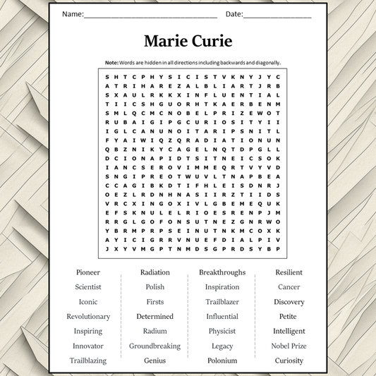 Marie Curie Word Search Puzzle Worksheet Activity PDF