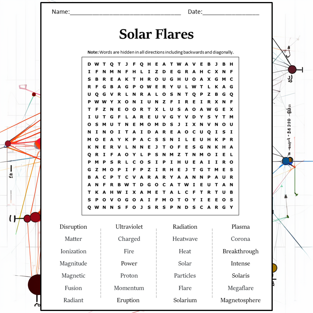 Solar Flares Word Search Puzzle Worksheet Activity PDF