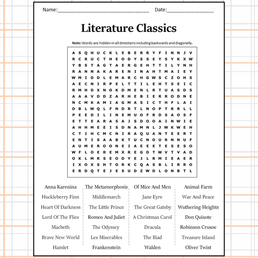 Literature Classics Word Search Puzzle Worksheet Activity PDF