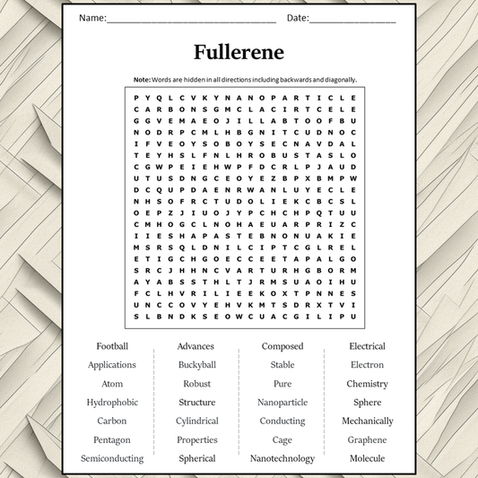 Fullerene Word Search Puzzle Worksheet Activity PDF