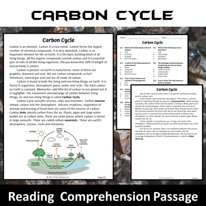 Carbon Cycle Reading Comprehension Passage and Questions | Printable PDF