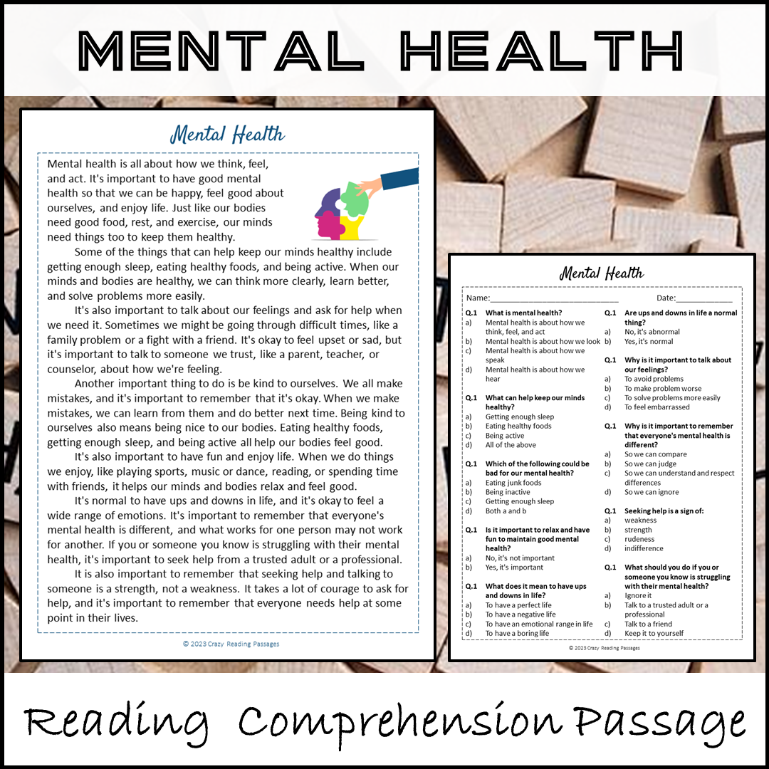 Mental Health Reading Comprehension Passage and Questions | Printable PDF