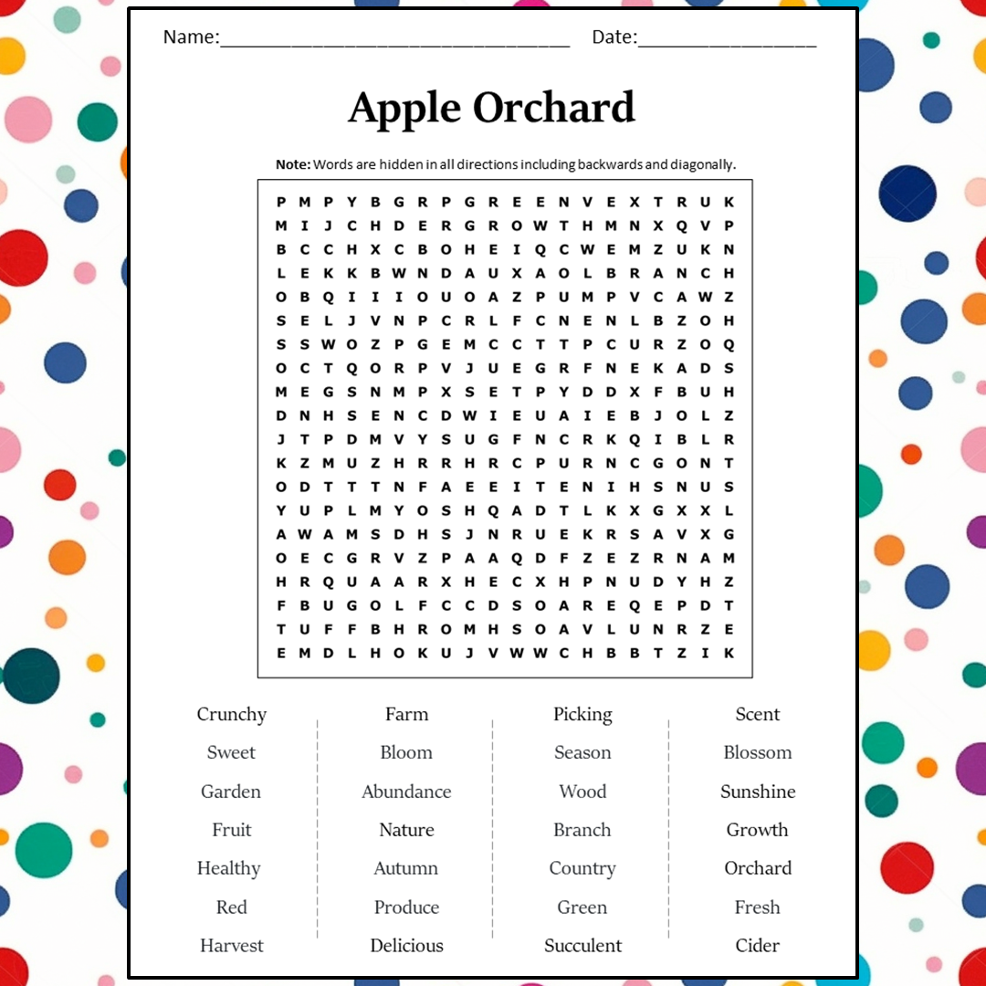 Apple Orchard Word Search Puzzle Worksheet Activity PDF