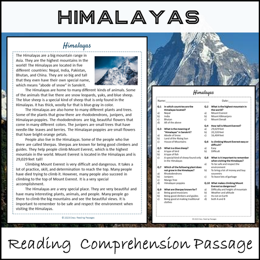 Himalayas Reading Comprehension Passage and Questions | Printable PDF