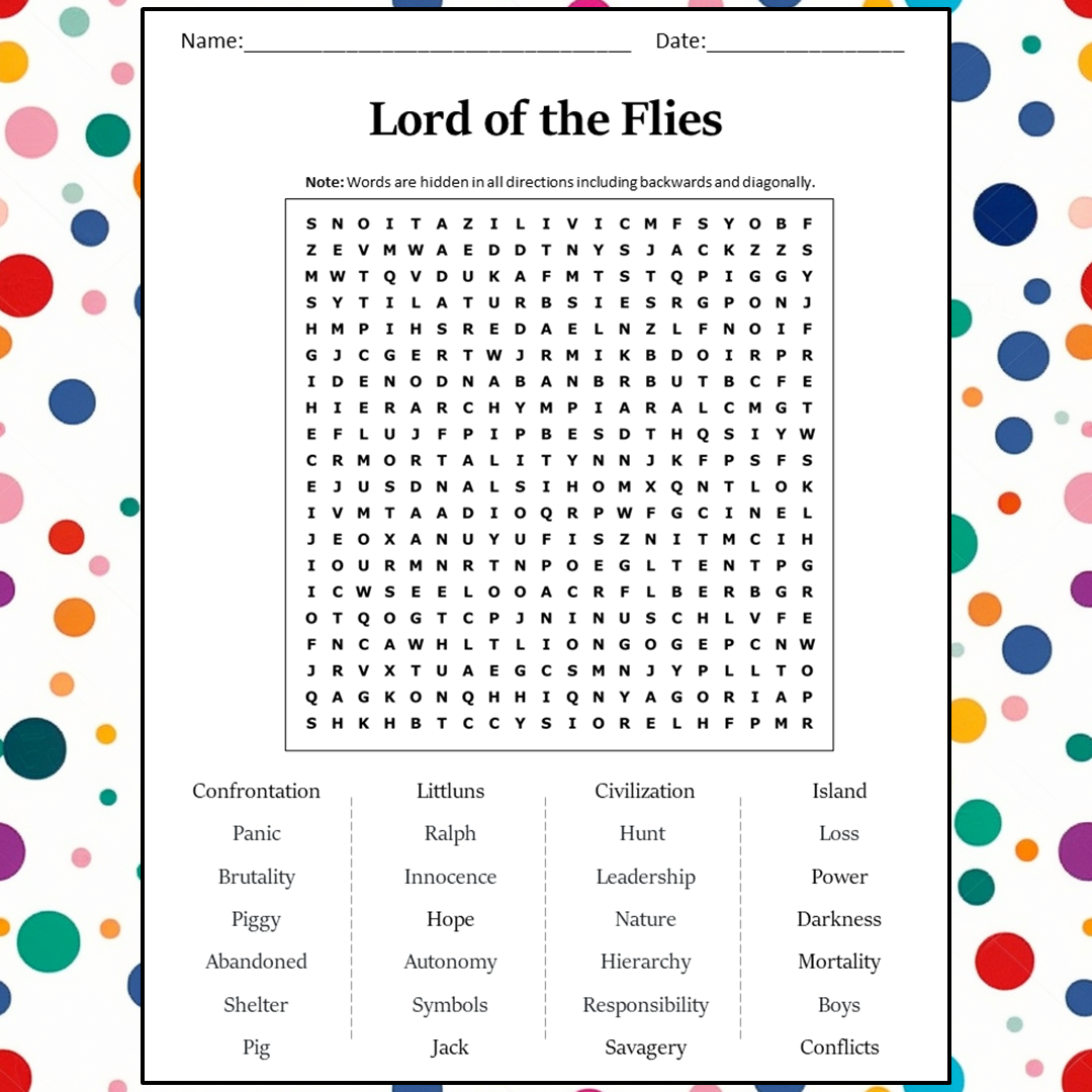 Lord Of The Flies Word Search Puzzle Worksheet Activity PDF