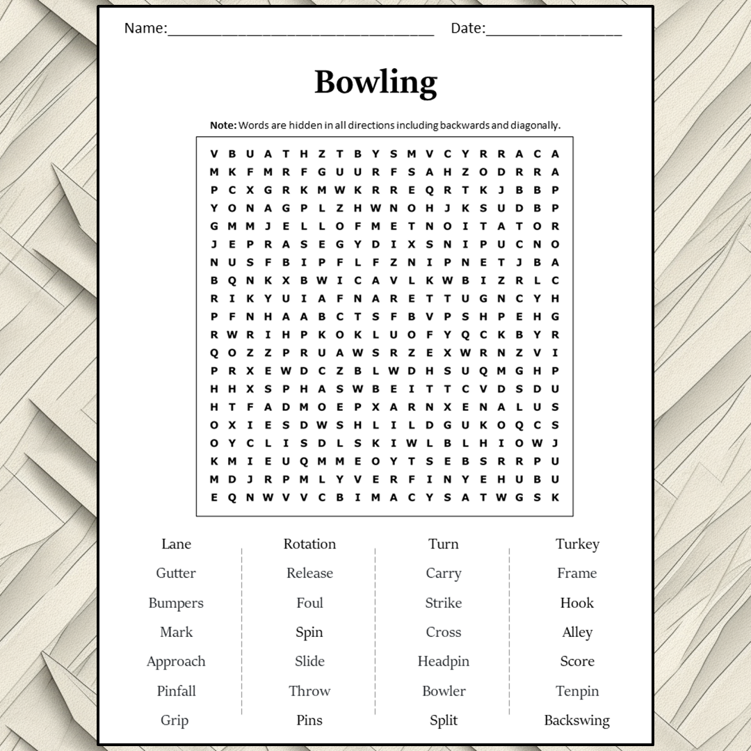 Bowling Word Search Puzzle Worksheet Activity PDF