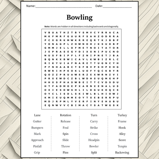 Bowling Word Search Puzzle Worksheet Activity PDF