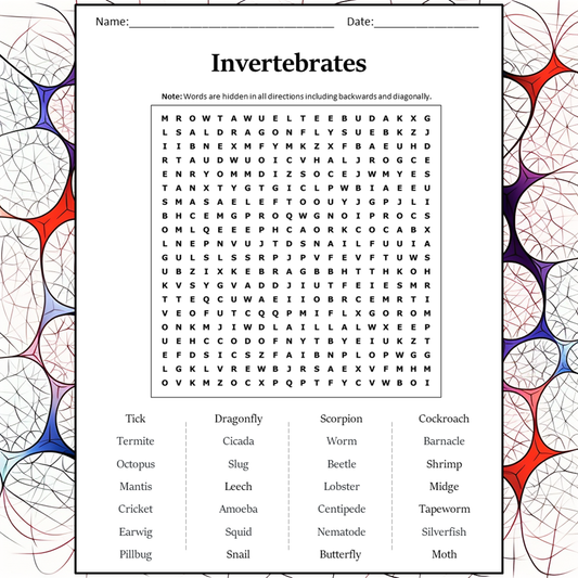 Invertebrates Word Search Puzzle Worksheet Activity PDF