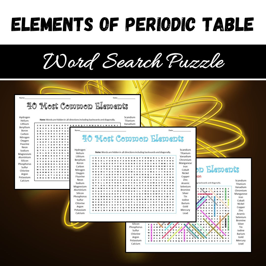 Common Elements Word Search Puzzle Worksheet PDF