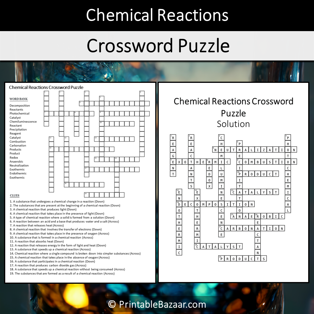 Chemical Reactions Crossword Puzzle Worksheet Activity Printable PDF