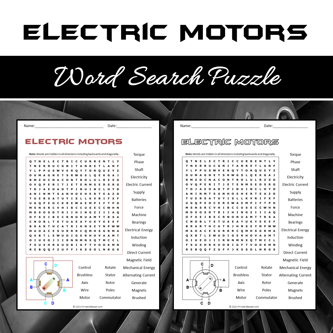 Electric Motors Word Search Puzzle Worksheet PDF