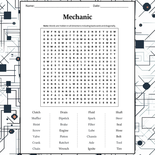 Mechanic Word Search Puzzle Worksheet Activity PDF