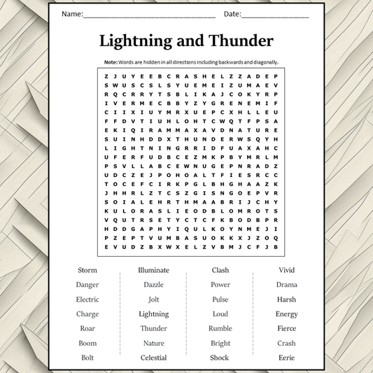 Lightning And Thunder Word Search Puzzle Worksheet Activity PDF