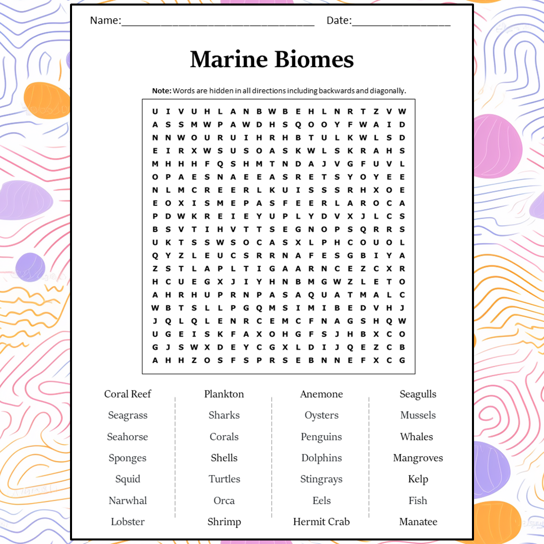 Marine Biomes Word Search Puzzle Worksheet Activity PDF