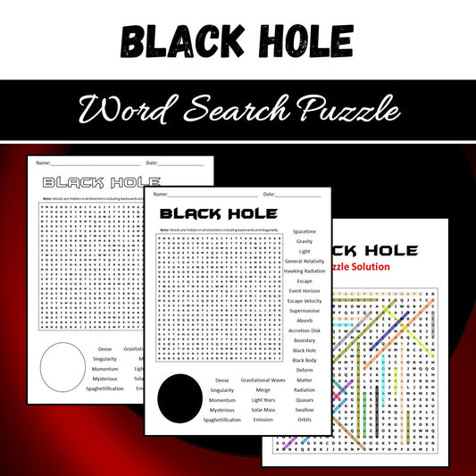 Black Hole Word Search Puzzle Worksheet PDF