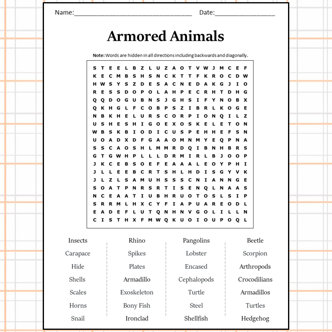 Armored Animals Word Search Puzzle Worksheet Activity PDF