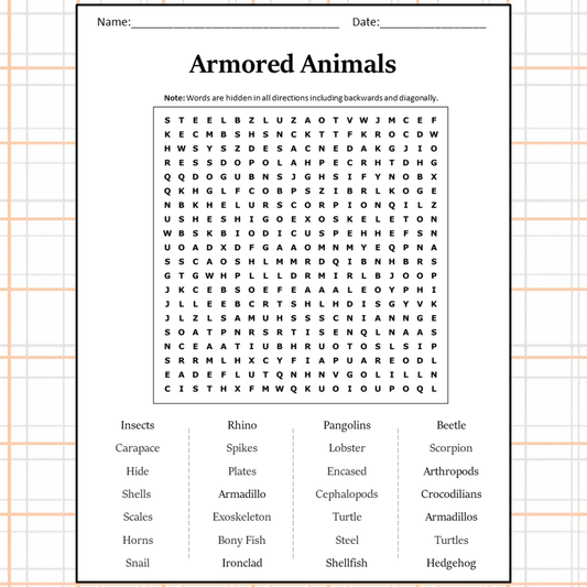 Armored Animals Word Search Puzzle Worksheet Activity PDF