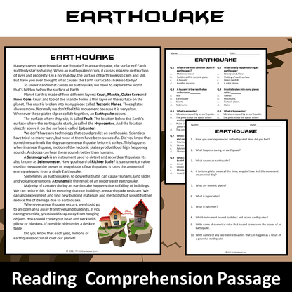 Earthquake Reading Comprehension Passage and Questions | Printable PDF