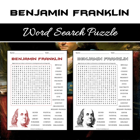 Benjamin Franklin Word Search Puzzle Worksheet PDF