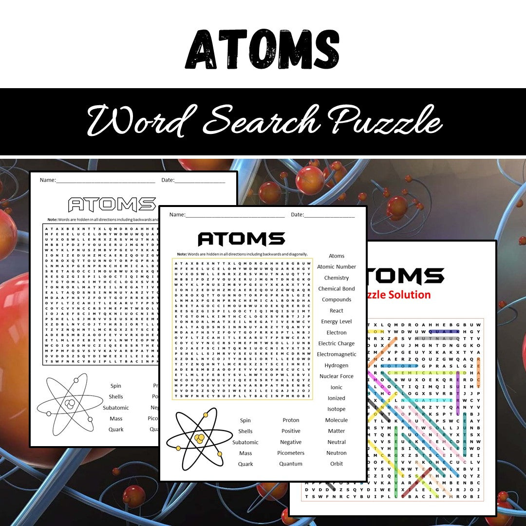 Atoms Word Search Puzzle Worksheet PDF