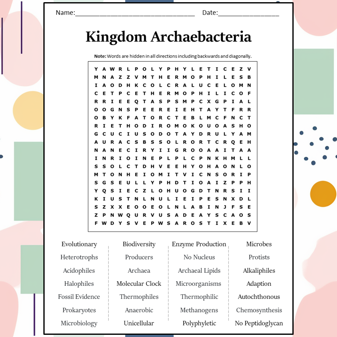 Kingdom Archaebacteria Word Search Puzzle Worksheet Activity PDF