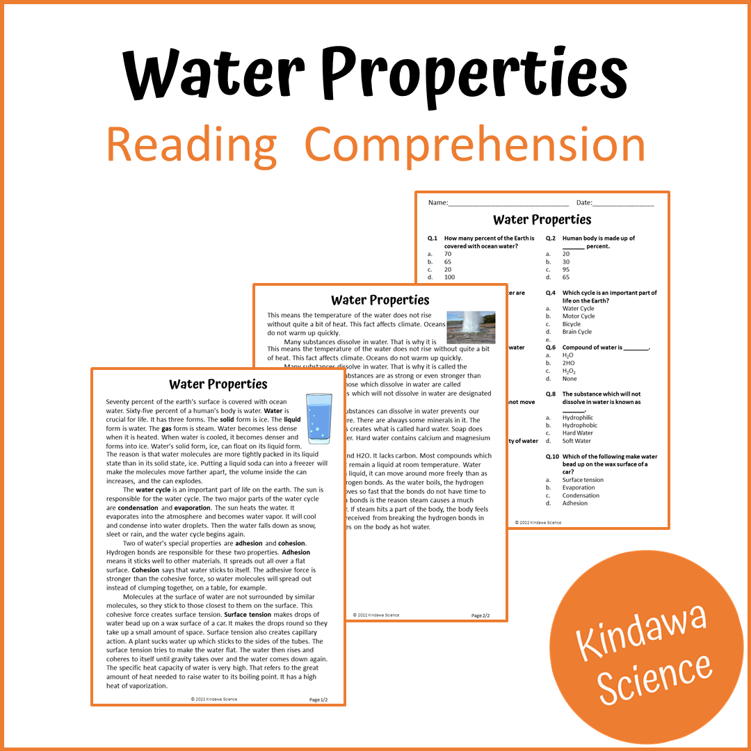 Water Properties Reading Comprehension Passage and Questions | Printable PDF