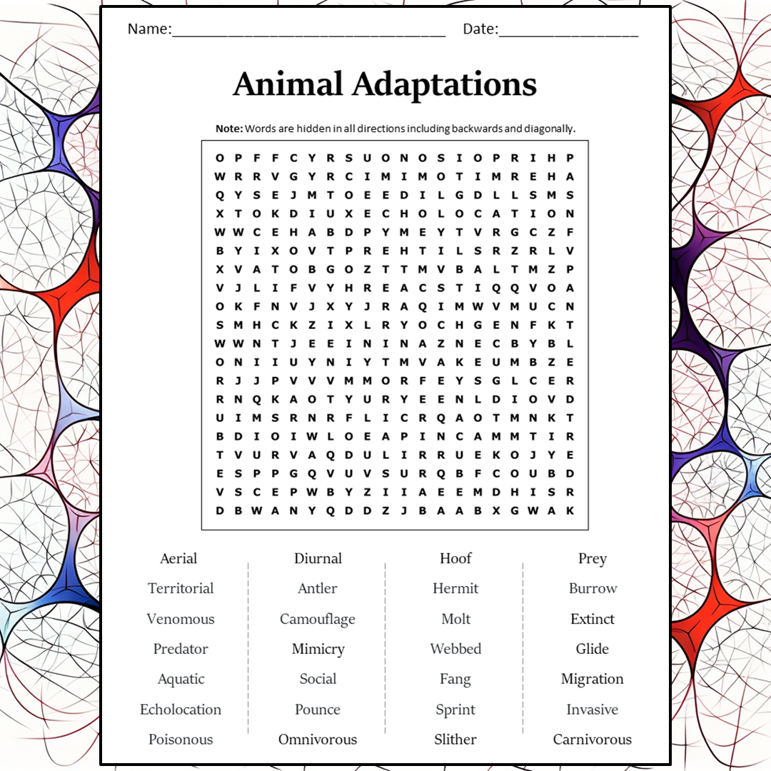 Animal Adaptations Word Search Puzzle Worksheet Activity PDF