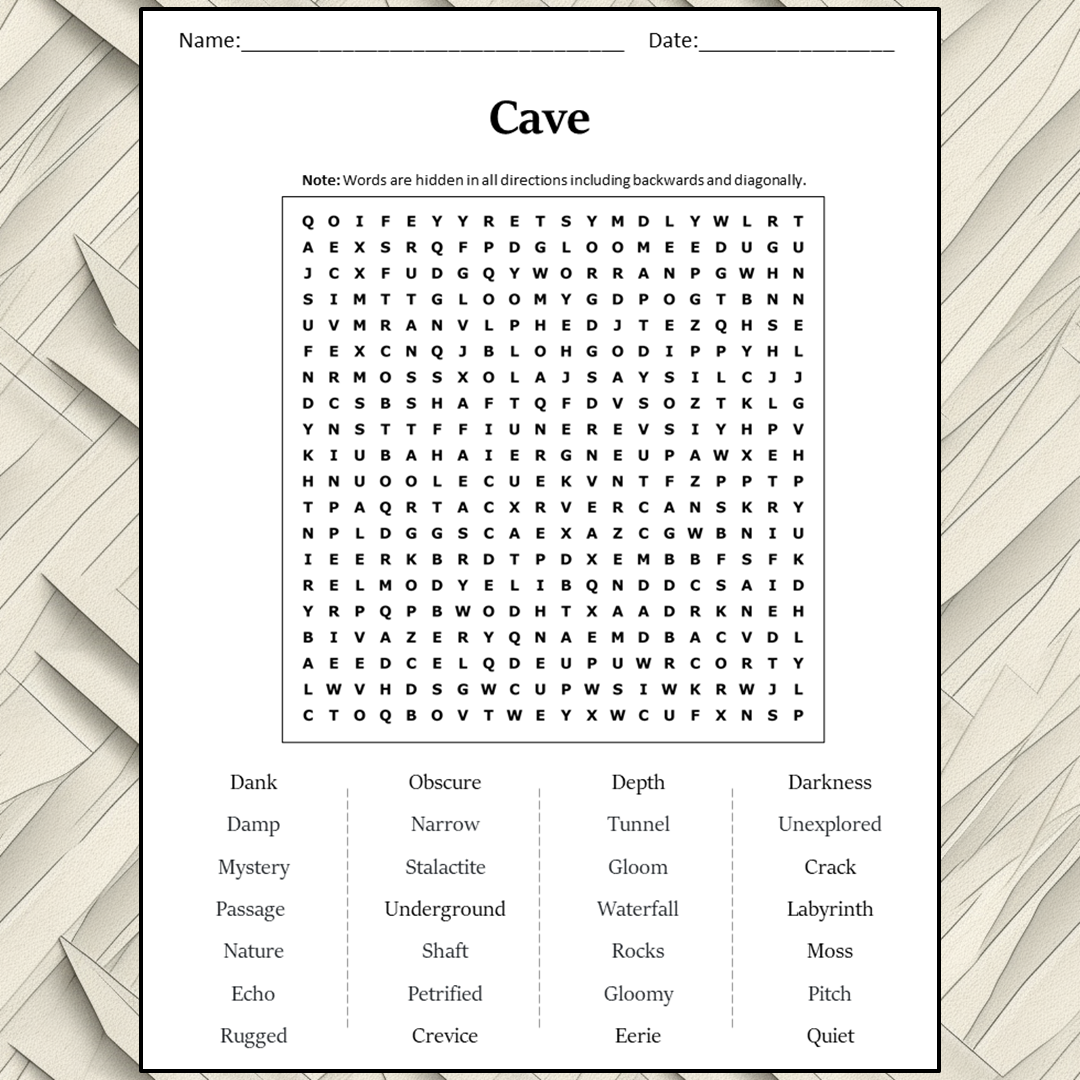 Cave Word Search Puzzle Worksheet Activity PDF