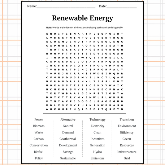 Renewable Energy Word Search Puzzle Worksheet Activity PDF