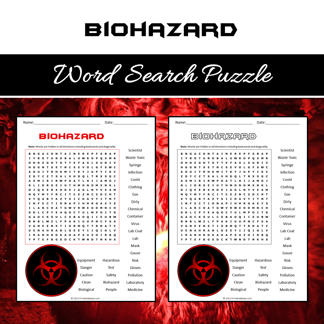 Biohazard Word Search Puzzle Worksheet PDF