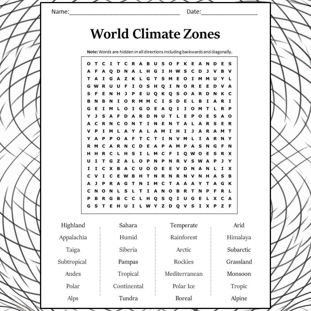 World Climate Zones Word Search Puzzle Worksheet Activity PDF