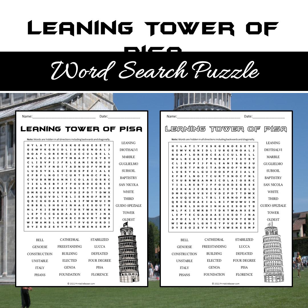 Leaning Tower Of Pisa Word Search Puzzle Worksheet PDF