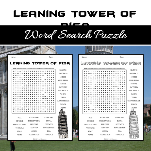 Leaning Tower Of Pisa Word Search Puzzle Worksheet PDF