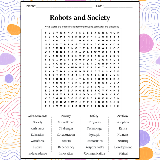 Robots And Society Word Search Puzzle Worksheet Activity PDF