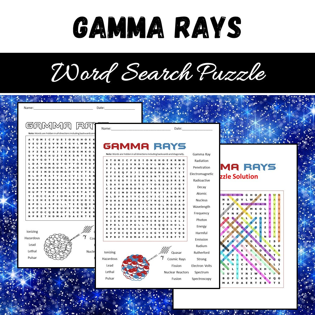 Gamma Rays Word Search Puzzle Worksheet PDF