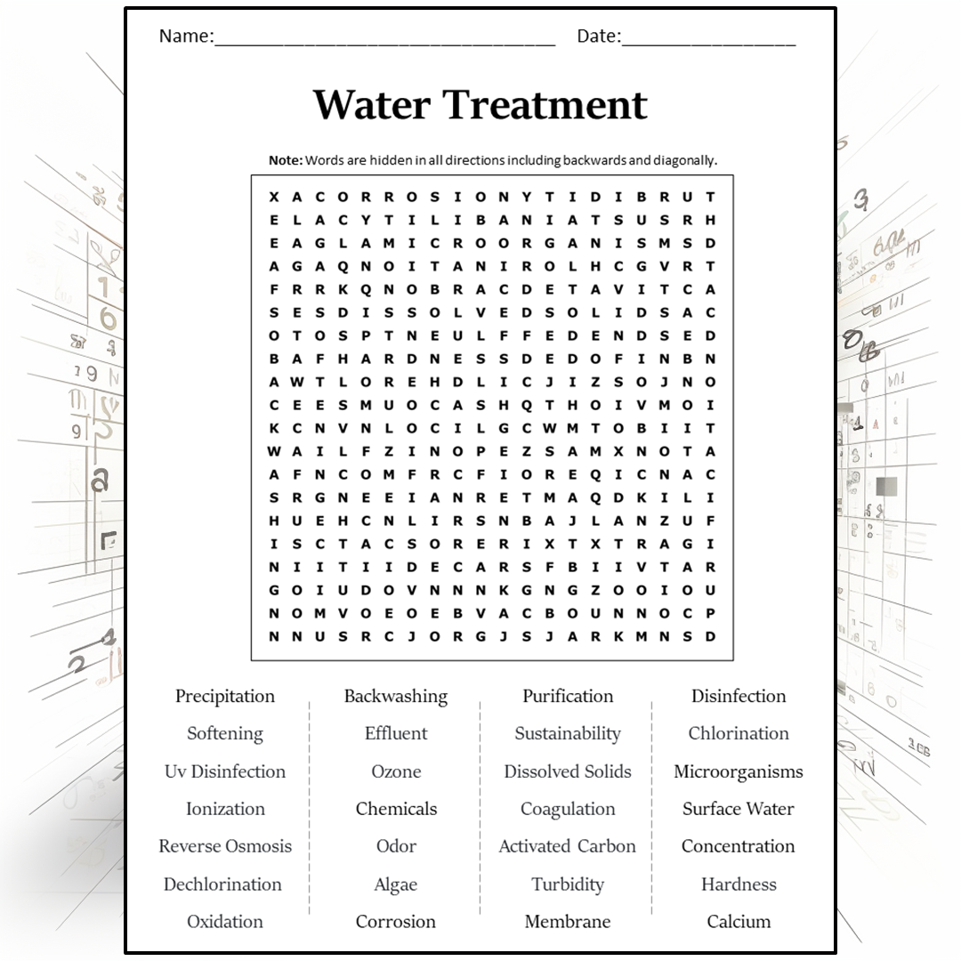 Water Treatment Word Search Puzzle Worksheet Activity PDF