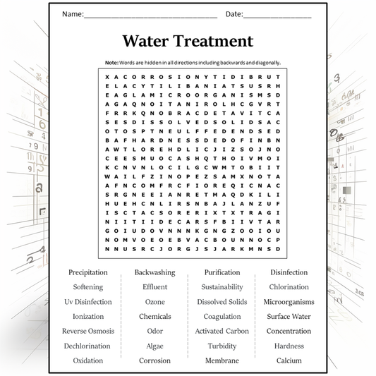 Water Treatment Word Search Puzzle Worksheet Activity PDF