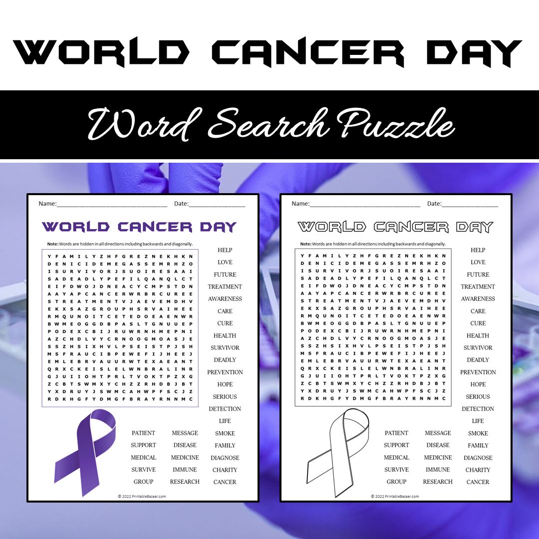 World Cancer Day Word Search Puzzle Worksheet PDF