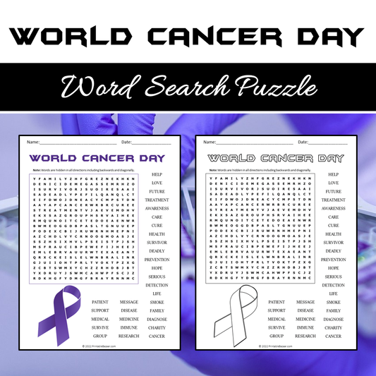 World Cancer Day Word Search Puzzle Worksheet PDF