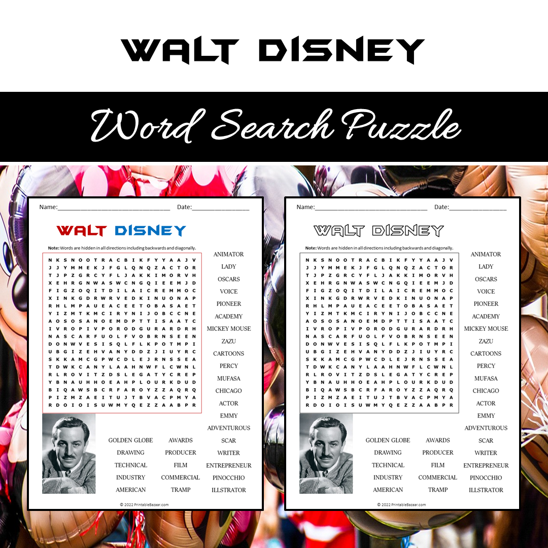 Walt Disney Word Search Puzzle Worksheet PDF