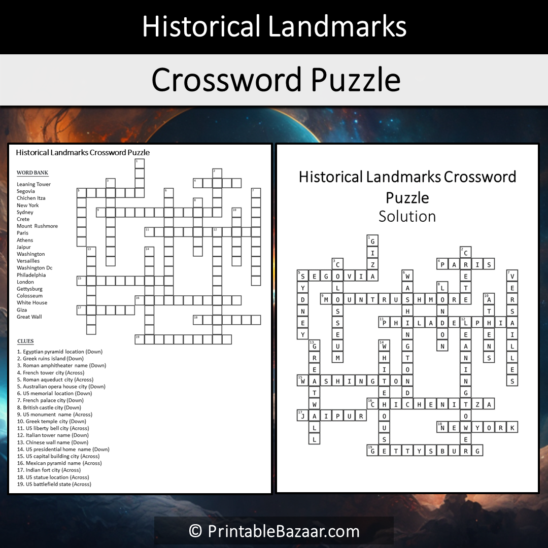 Historical Landmarks Crossword Puzzle Worksheet Activity Printable PDF