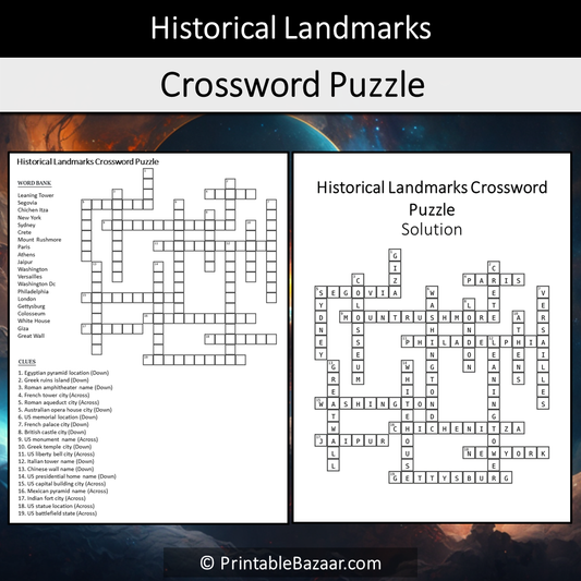 Historical Landmarks Crossword Puzzle Worksheet Activity Printable PDF