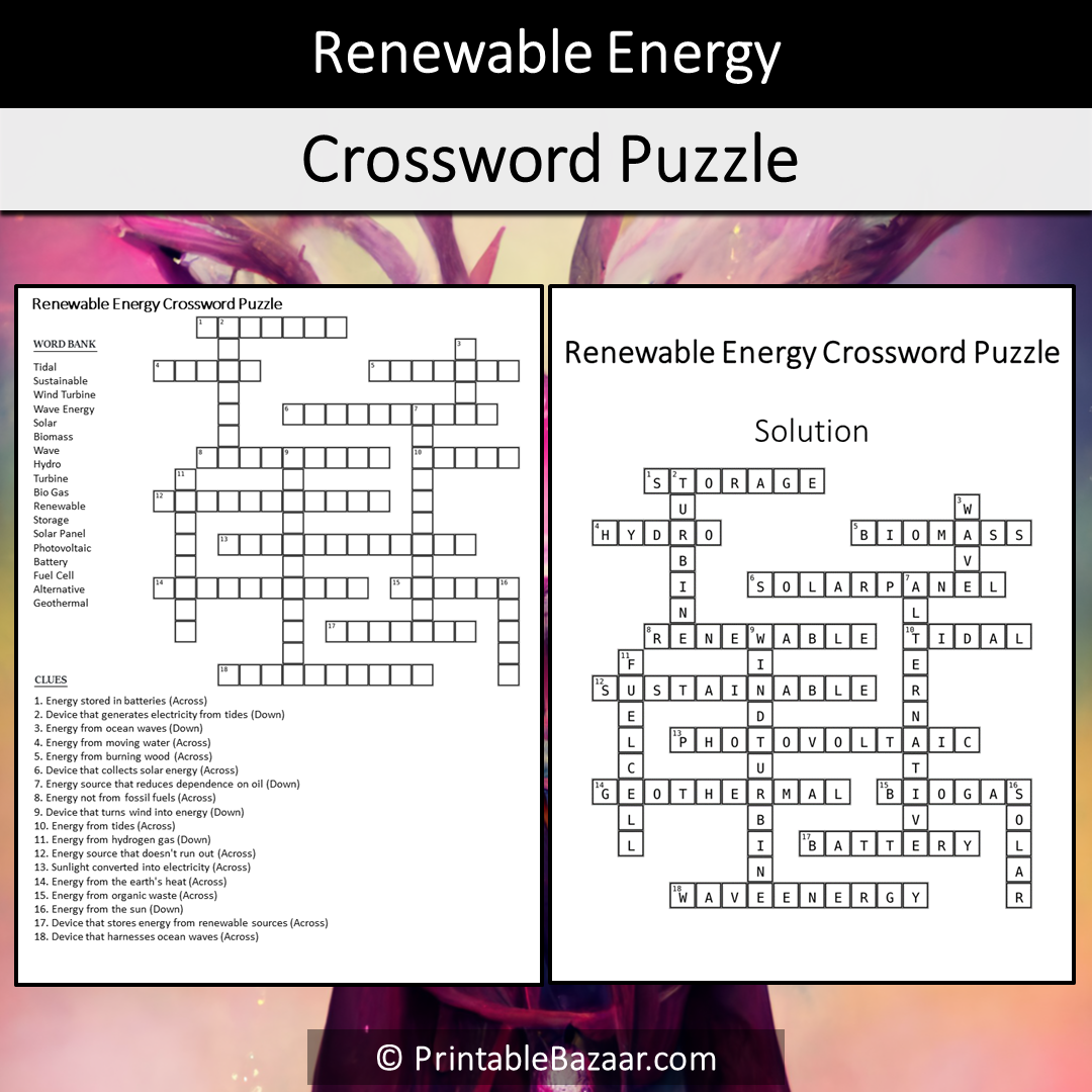 Renewable Energy Crossword Puzzle Worksheet Activity Printable PDF